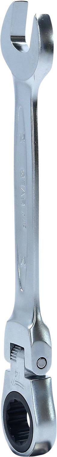 Silver ratchet ring spanner with a reversible head and open-ended jaw, primarily used for screw-related work.