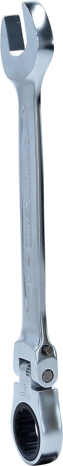 A silver ring spanner with an open-ended jaw and ratchet function, primarily used for mechanical work.