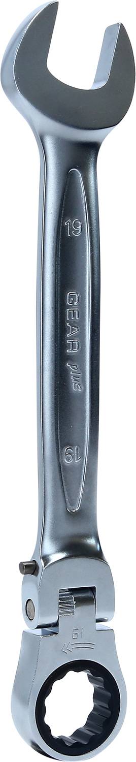 Metal open-ended ratchet spanner with size '19' engraved on the top surface, suitable for mechanical work.
