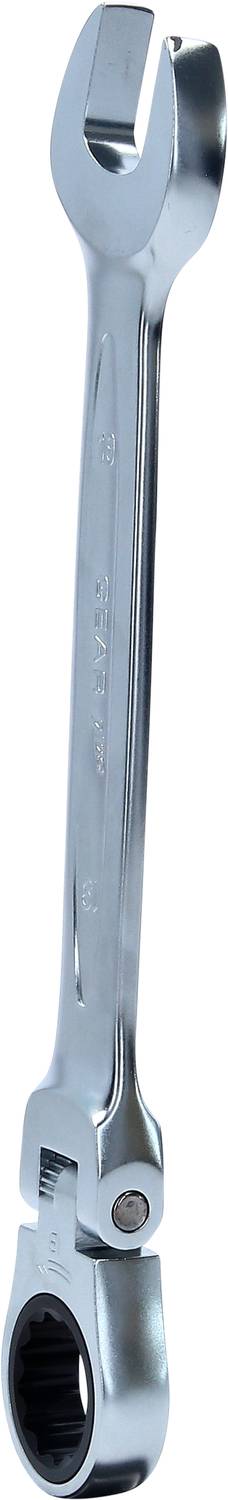 A adjustable spanner in metal, gleaming and silver-coloured, with an open end and a ratchet mechanism at the other end.