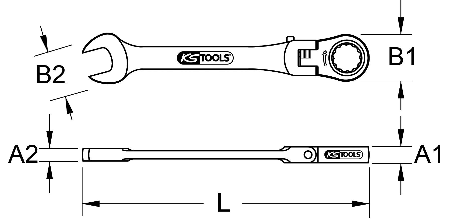 'Ratchet Spanner with Ring Ratchet Head' shows dimensions: B1, B2, A1, A2, L. Brand logo in the centre. Top view and side view.