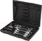 Open black toolbox with various spanners in different sizes, neatly arranged.