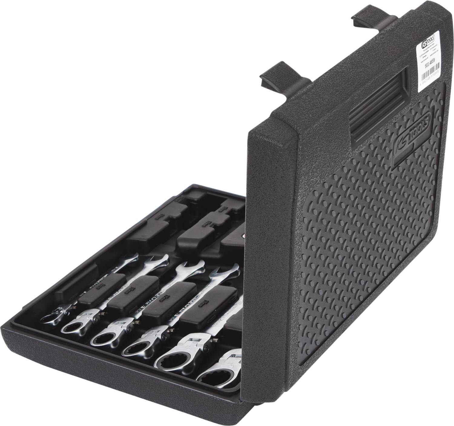 'Black tool case with open lid, containing various spanners in organised compartments.'