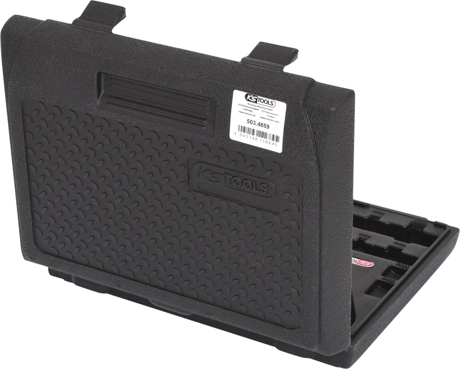 Black tool case with carry handle, labelled compartment for tools, embossed company logo, durable design for workshop needs.