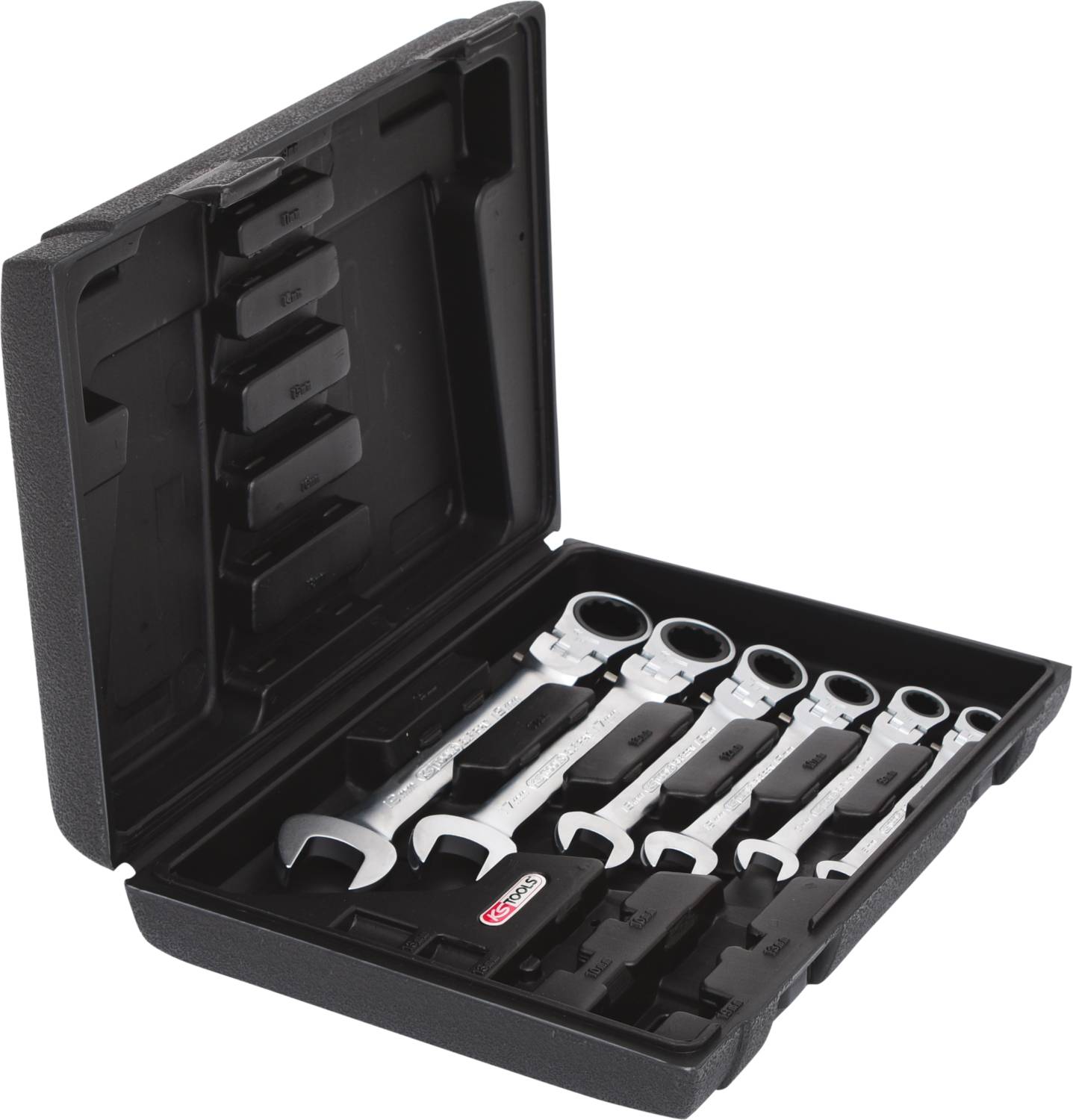 A black suitcase contains a six-piece set of ring spanners of various sizes, neatly arranged in a tool box.