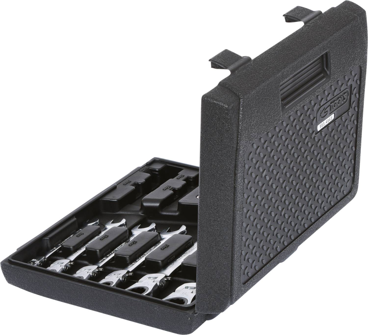 An open black toolbox with various bit attachments and tools, organised in compartments.