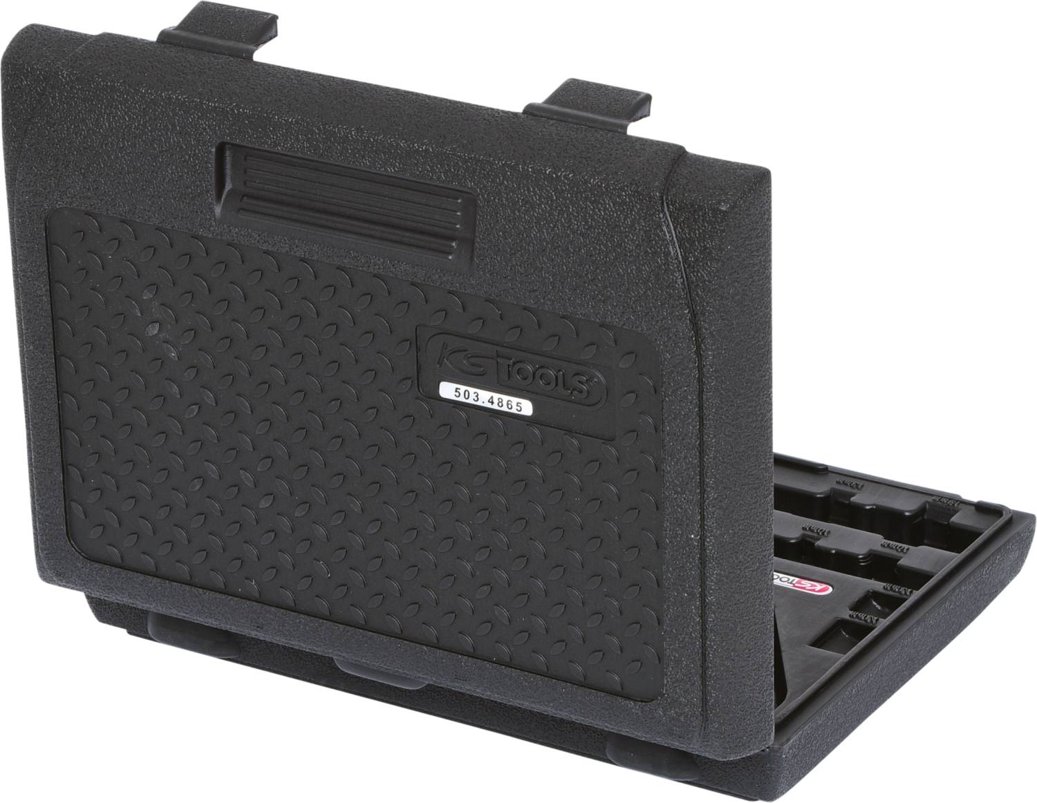 'Stahlwille' tool case, black, open, empty compartments for tools. Model number 503-4485 on the label.