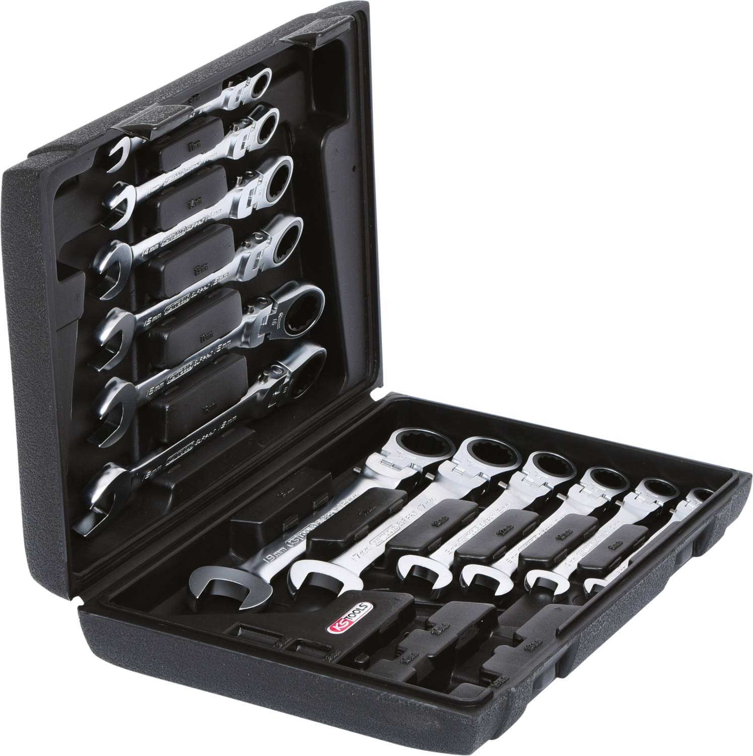 An open toolbox with various spanners arranged in neat compartments.
