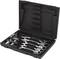 An open toolbox with ring spanners and adaptor pieces in various sizes, neatly arranged in moulded compartments.