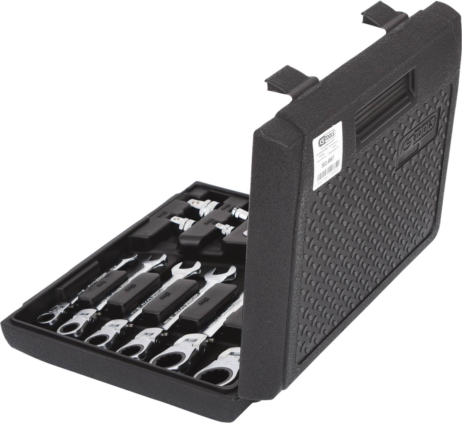 Opened black toolbox with a selection of spanners and tools.