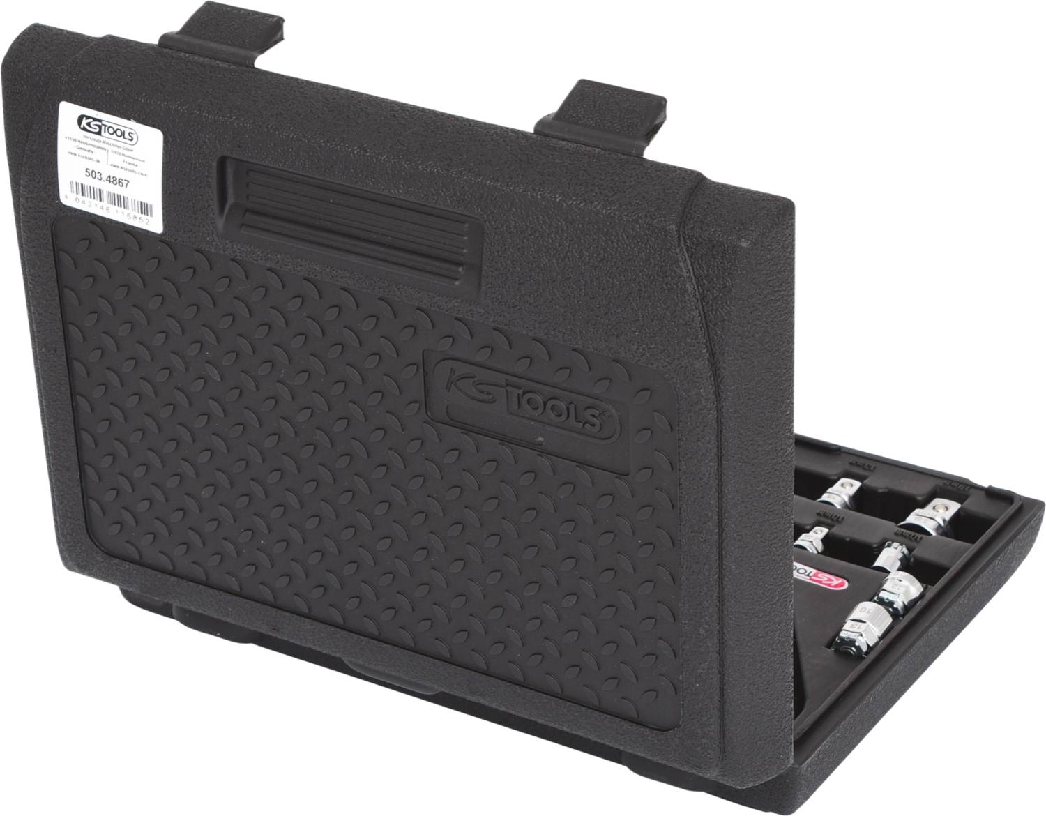 A black plastic toolbox, partially open. Inside, several tools are visible in compartments, including socket wrenches.