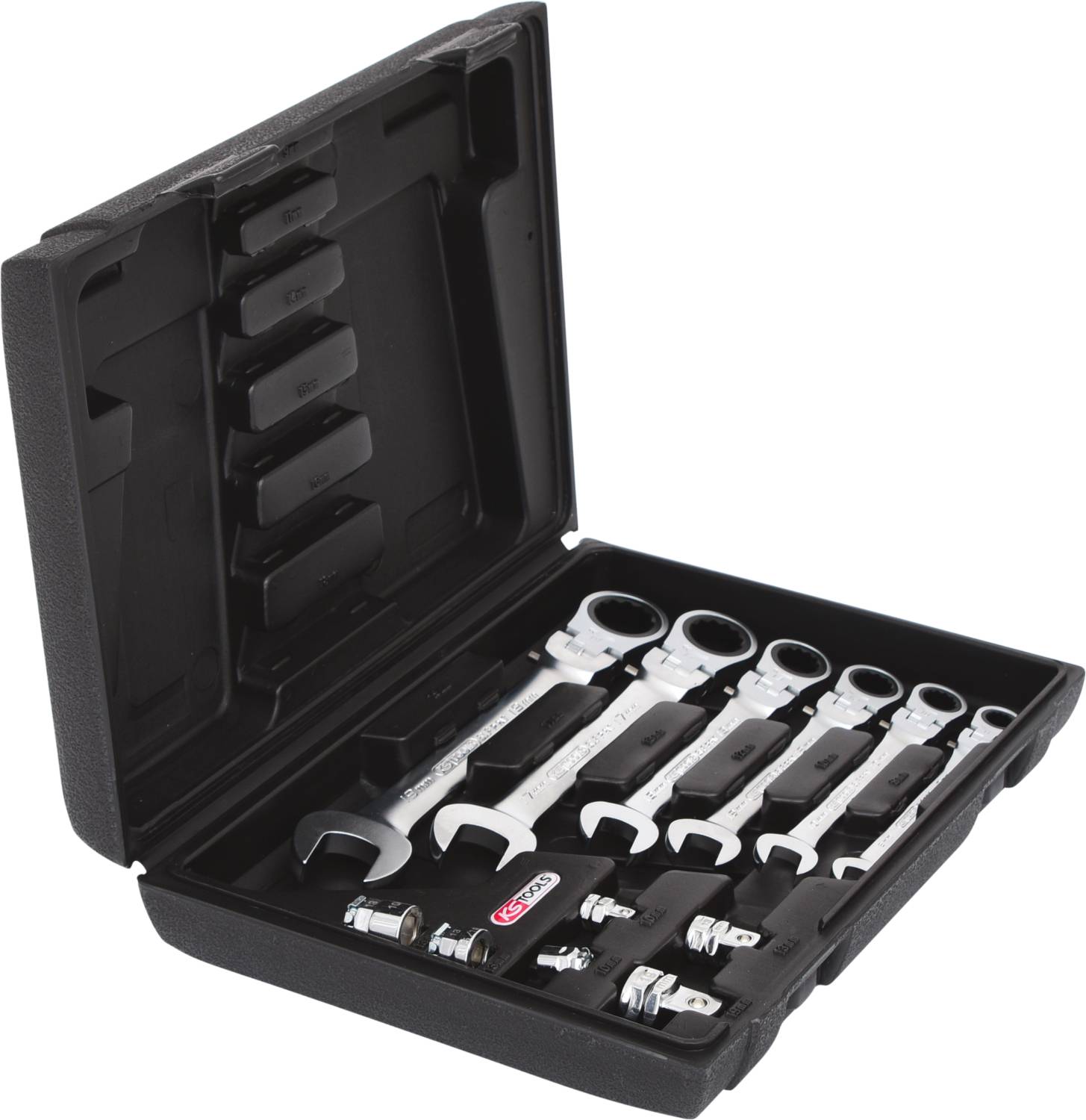An open toolbox with various spanners and accessories, neatly arranged, on a grey background.