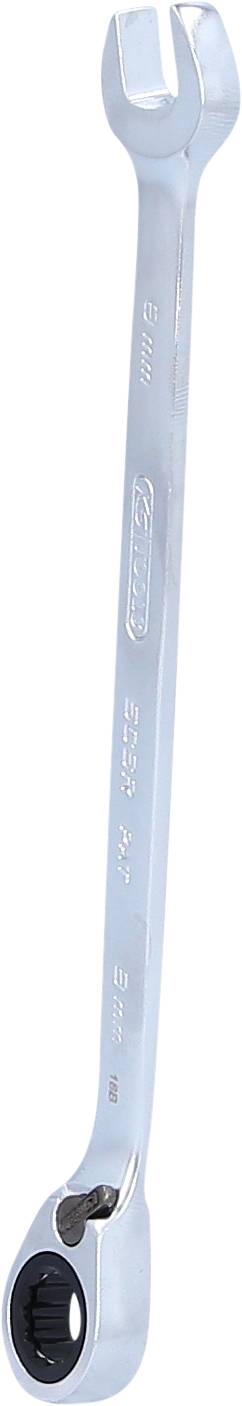 A silver ratchet ring spanner with an open-ended jaw and a ratchet mechanism on the other side, for loosening screws.