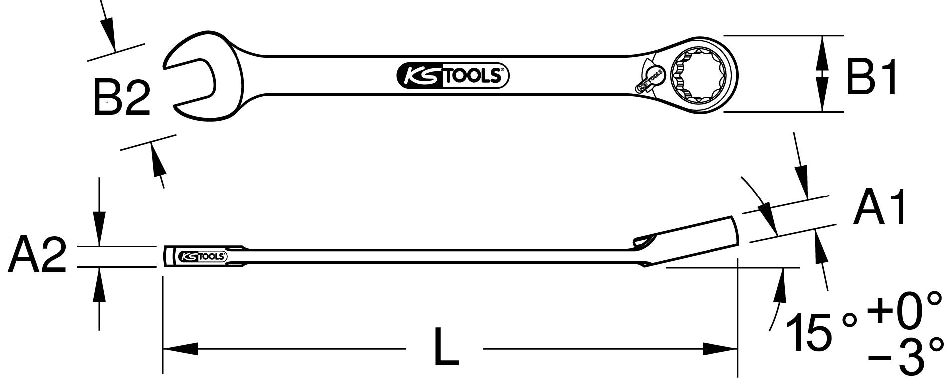 'Double-ended ratchet spanner, technical drawing. Shows dimensions: Openings B1, B2, shaft angle 15 degrees, total length L.'