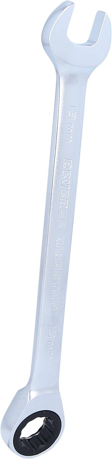 A silver spanner with an open-ended and ratchet opening, suitable for various bolt types.