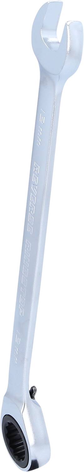 A silver ring spanner with open and closed ends, suitable for tightening or loosening nuts and bolts.