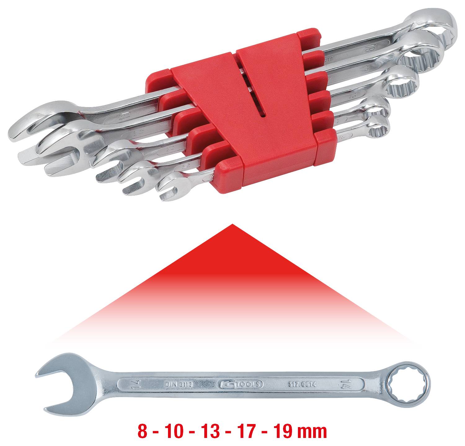 Six-piece combination spanner and ring spanner set with sizes 8, 10, 13, 17, 19 mm in a red holder; with an additional single combination spanner underneath.