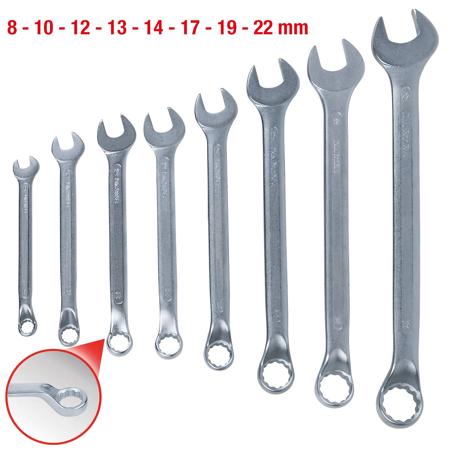 Eight spanners in ascending size from 8 to 22 mm laid side by side; detailed view of a keyhole bottom left.