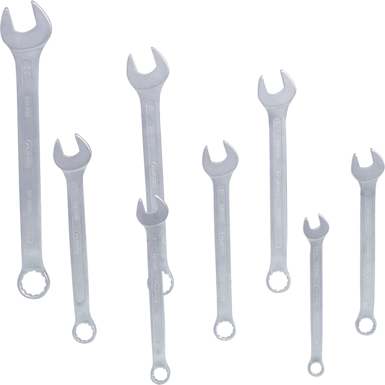 Seven silver fork spanners in different sizes, arranged in two rows on a white background.