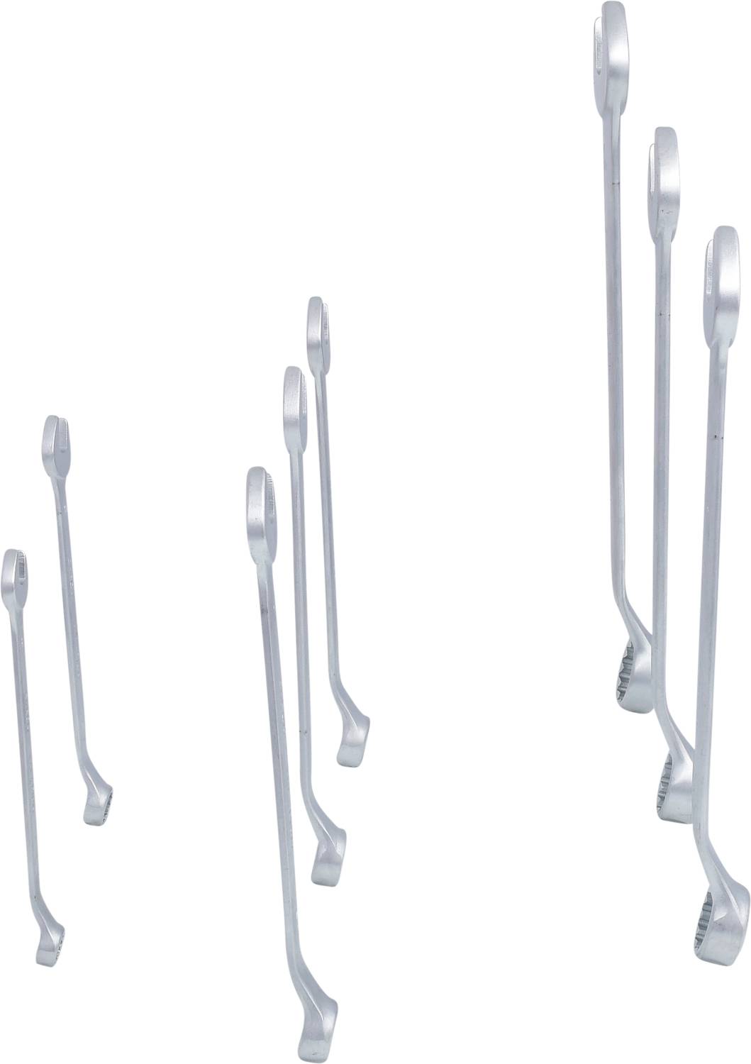 Eight silver round objects of different sizes stand upright and are slightly tilted backwards, against a white background.