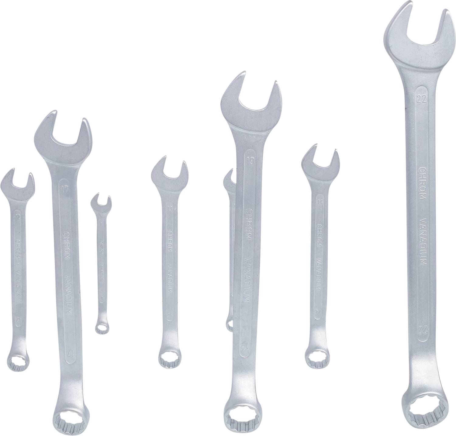 A row of seven adjustable spanners of varying sizes, positioned vertically against a white background.