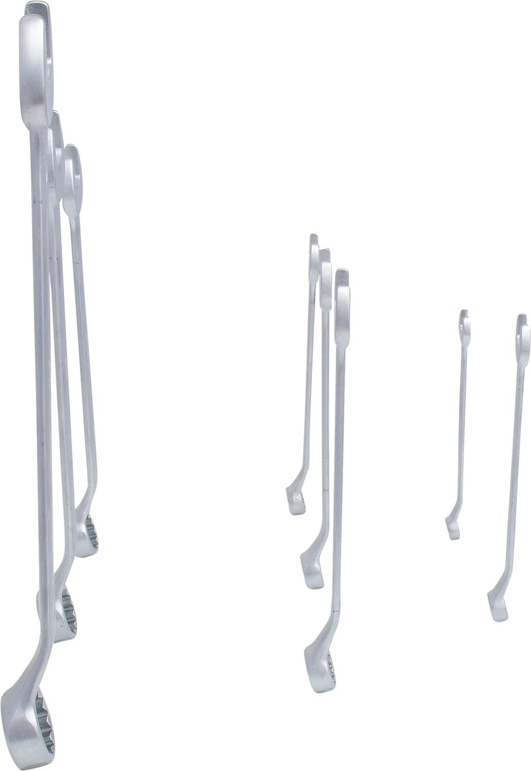 A group of dental inspection mirrors in various sizes, arranged parallel to each other.