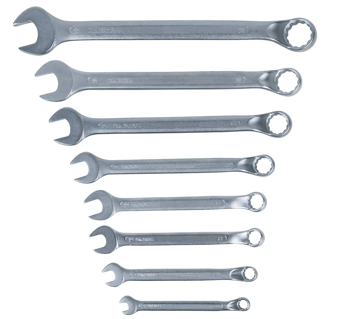 Eight spanners in various sizes, arranged from top to bottom, from large to small. They have open and ring spanner ends.