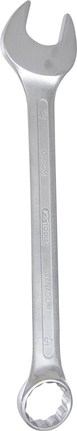 Metal spanner with open and closed ends, used for tightening and loosening nuts and bolts.
