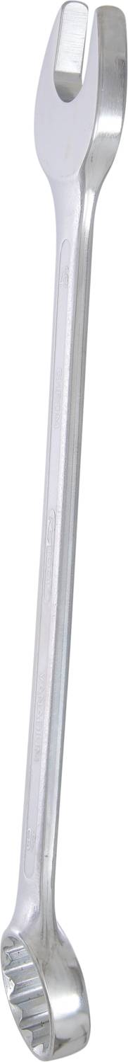 A silver double-ended spanner, with open jaws on the left and a closed ring on the right.