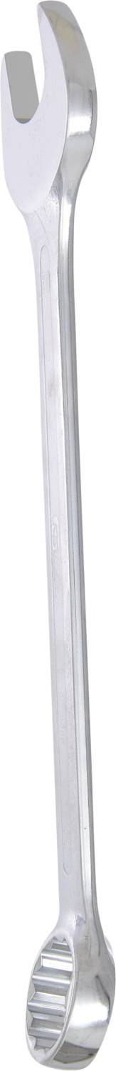 A silver combination spanner and ring spanner united in one tool, suitable for tightening or loosening screws and nuts.