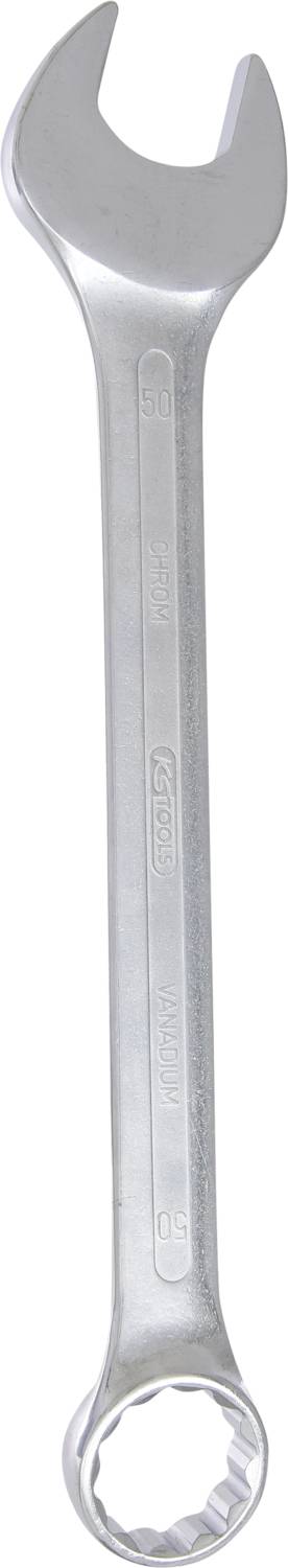 A silver spanner with an open-ended mouth at one end and a ring spanner at the other end, on a white background.