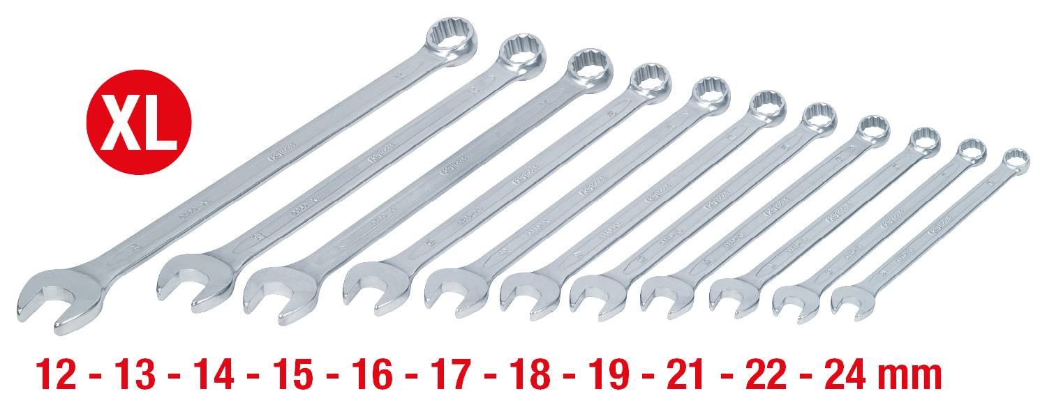 Eleven spanners in various sizes from 12 mm to 24 mm, placed side by side with the inscription 'XL' in a red circle.
