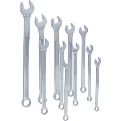 Ten silver fork spanners in various sizes, vertically arranged. Ideal for versatile mechanical work.