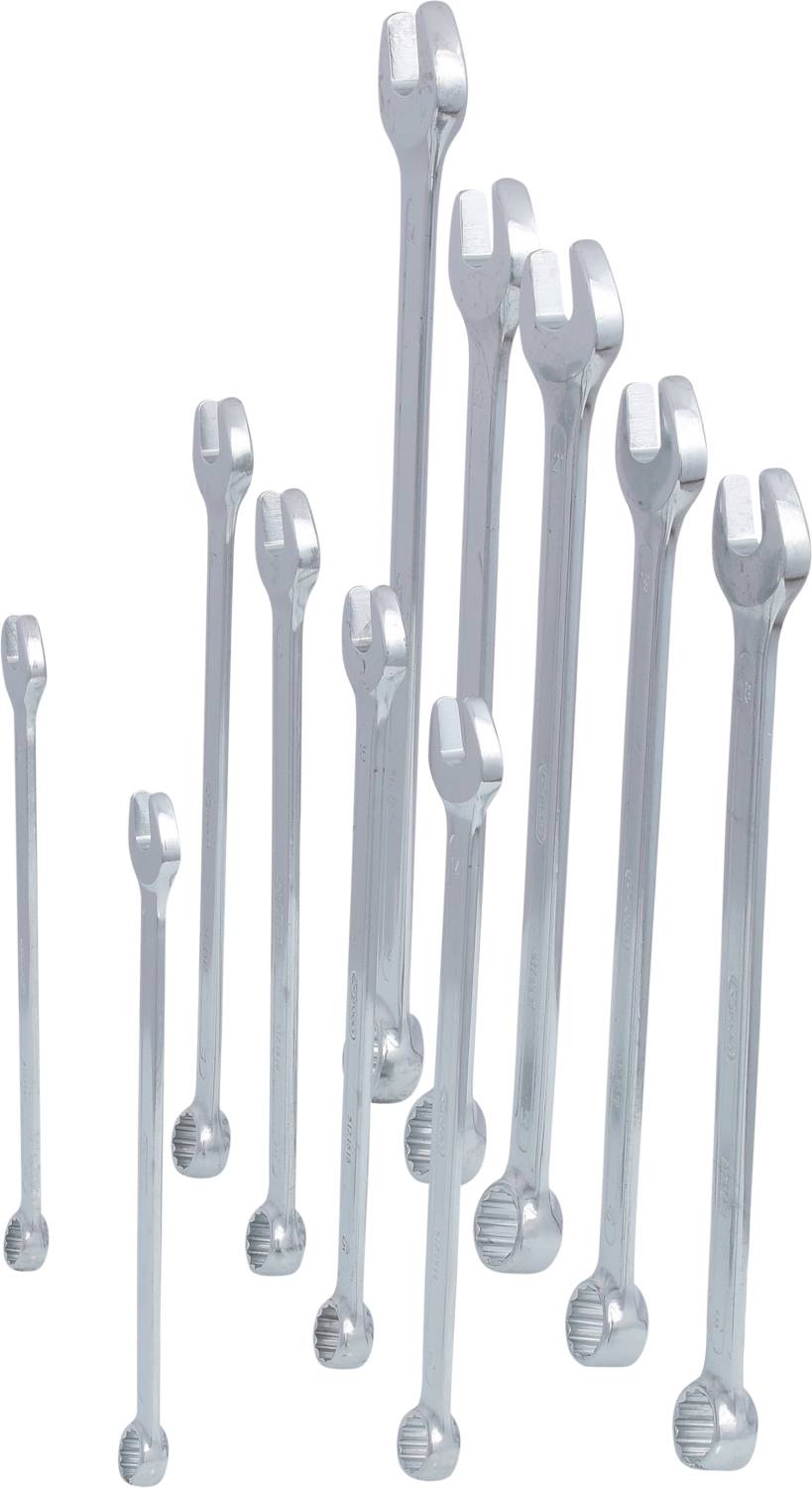 Eleven spanners of varying sizes stand upright.