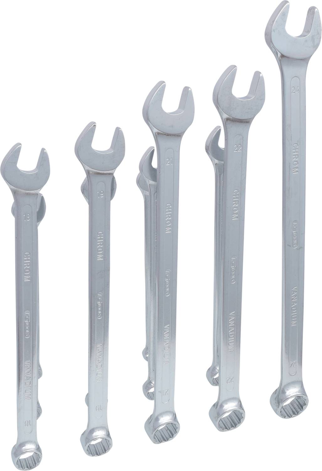Five different-sized adjustable spanners standing upright side by side. They are made of silver-coloured metal and each has an open and a closed end.