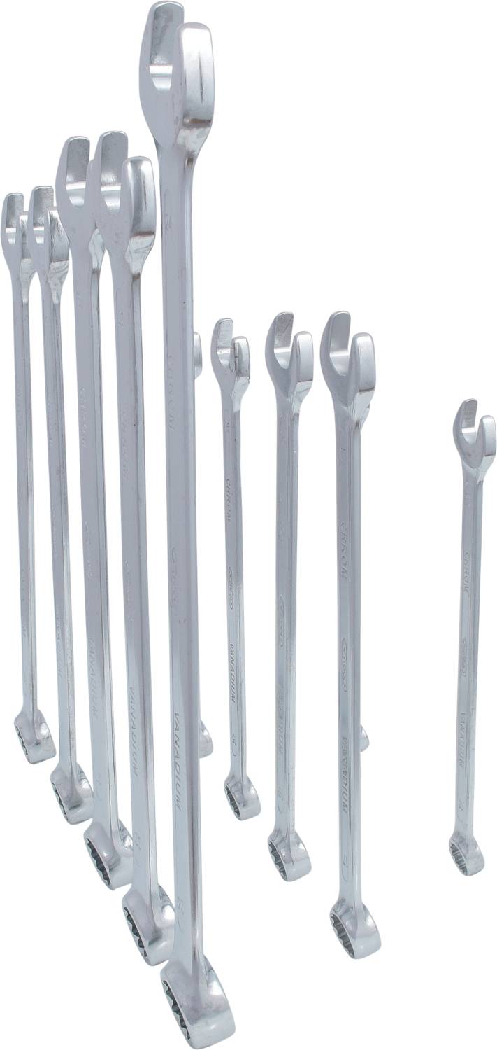 Eight silver ring keys in ascending size stand side by side, ideal for tool collectors or DIY projects.