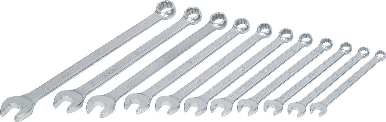 Ten silver spanners of various sizes, laid out side by side, arranged from large to small.