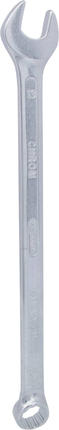 A silver double-ended spanner, with an open-end at the top and a ring end at the bottom. Tool used for tightening bolts.