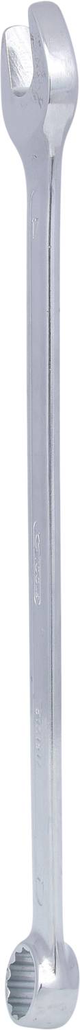 A silver spanner with open and closed ends, used for turning nuts and bolts.
