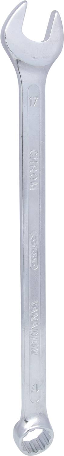 A silver spanner with a ring-ended design, held vertically against a neutral background. Suitable for mechanical work.