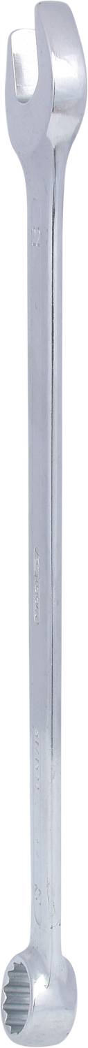 A silver spanner with an open and a closed end. The spanner is metallic and slender in shape.