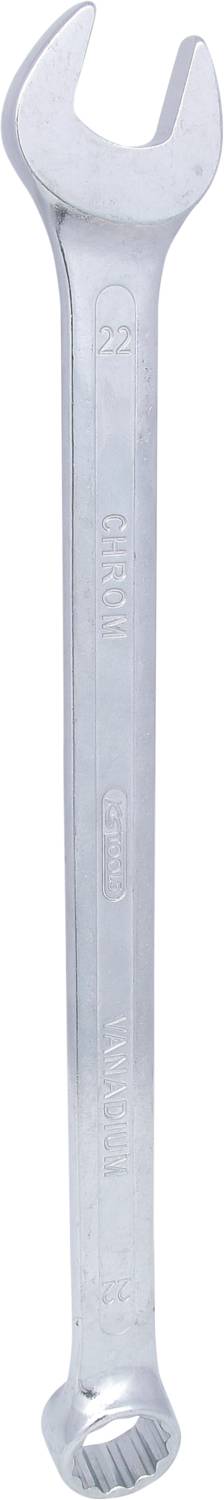 A silver spanner with an open end and a ring end, suitable for loosening hexagonal nuts or bolts.