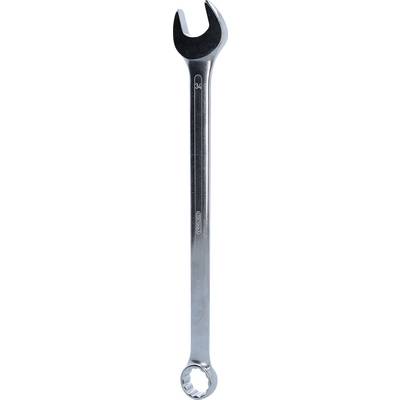 A silver spanner with an open-end and a ring head.