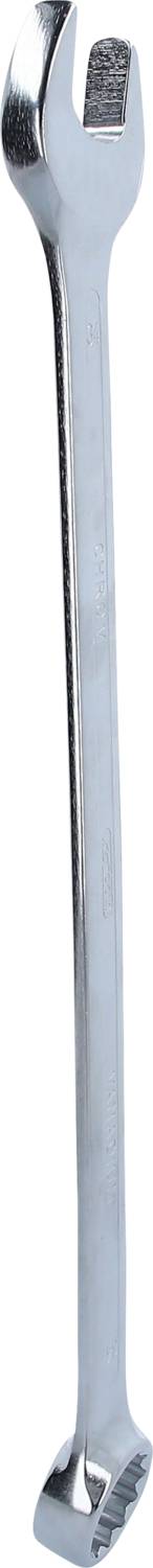 A silver double-ended spanner, with an open-end wrench at the top and a ring spanner at the bottom, is positioned vertically. Suitable for tightening or loosening bolts.