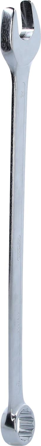 A silver-coloured combination spanner, with an open-ended fork head at the top and a ring head with a knurled inner surface at the bottom.