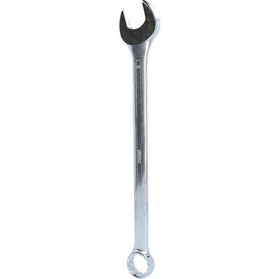 A silver spanner with an open and a closed end, used for securing screws and nuts.