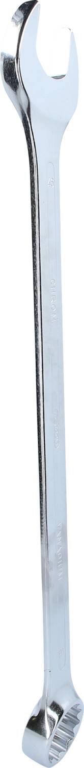 Silver spanner with an open-ended jaw on one side and a ring spanner on the other, positioned vertically.