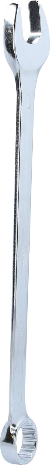 A silver spanner with two differently shaped ends; one open and one closed.