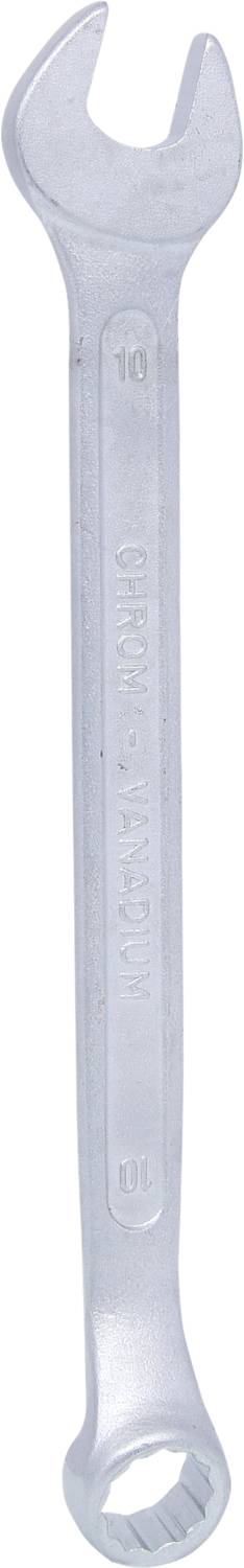 A silver spanner with two ends: one open-ended and one ring end. Stamped with the number '10'.