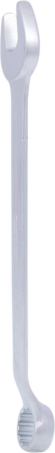 A silver double-ended spanner with an open jaw at one end and a ring closure at the other end.